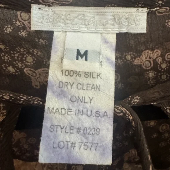 CALME By Johnny Was 100% Silk Sheer Brown Abstract Print Blouse Size Medium